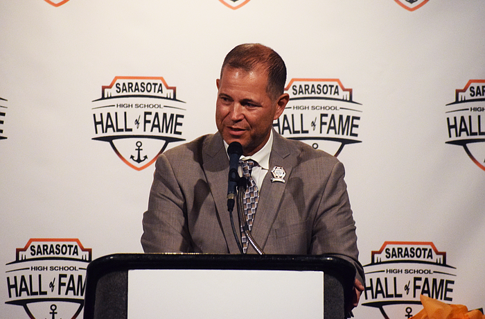 Dr. Magdi El Shahawy gives his acceptance speech at the Sarasota High School Hall of Fame induction ceremony on Oct. 26 at Michael's on East. He's spent over 30 years working in athletic administration, with stints at Florida State, Michigan State, USC, Georgia and, currently, San Diego.