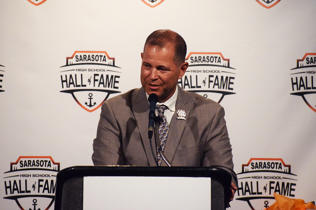 Dr. Magdi El Shahawy gives his acceptance speech at the Sarasota High School Hall of Fame induction ceremony on Oct. 26 at Michael's on East. He's spent over 30 years working in athletic administration, with stints at Florida State, Michigan State, USC, Georgia and, currently, San Diego.