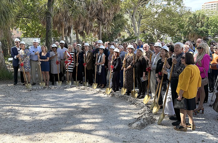 A large crowd of Florida Studio Theatre supporters participated in the cerremonial groundbreaking for the McGillicuddy Arts Plaza.