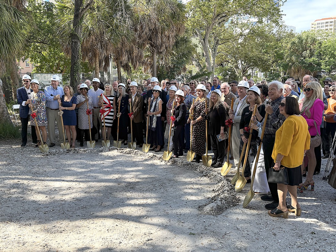 A large crowd of Florida Studio Theatre supporters participated in the cerremonial groundbreaking for the McGillicuddy Arts Plaza.