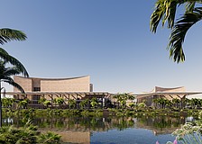 The rendering of the exterior of the Sarasota Orchestra Music Hall demonstrates the concept of integrating water features, landscaping and building design.