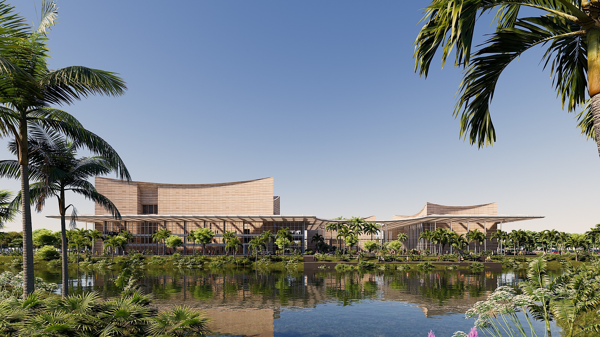 The rendering of the exterior of the Sarasota Orchestra Music Hall demonstrates the concept of integrating water features, landscaping and building design.