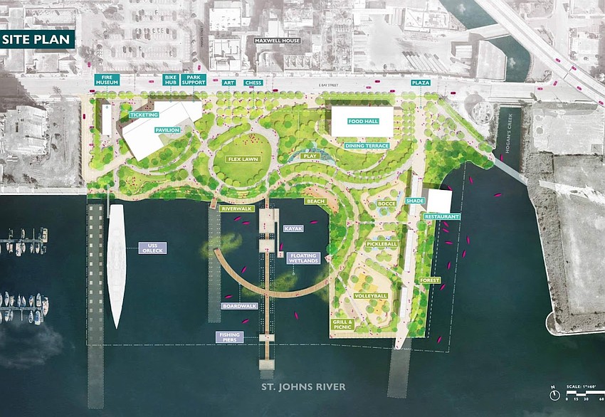 Shipyards West Park is along Bay Street on the Downtown Northbank. At the west edge of the park, the USS Orleck floating naval museum is docked.