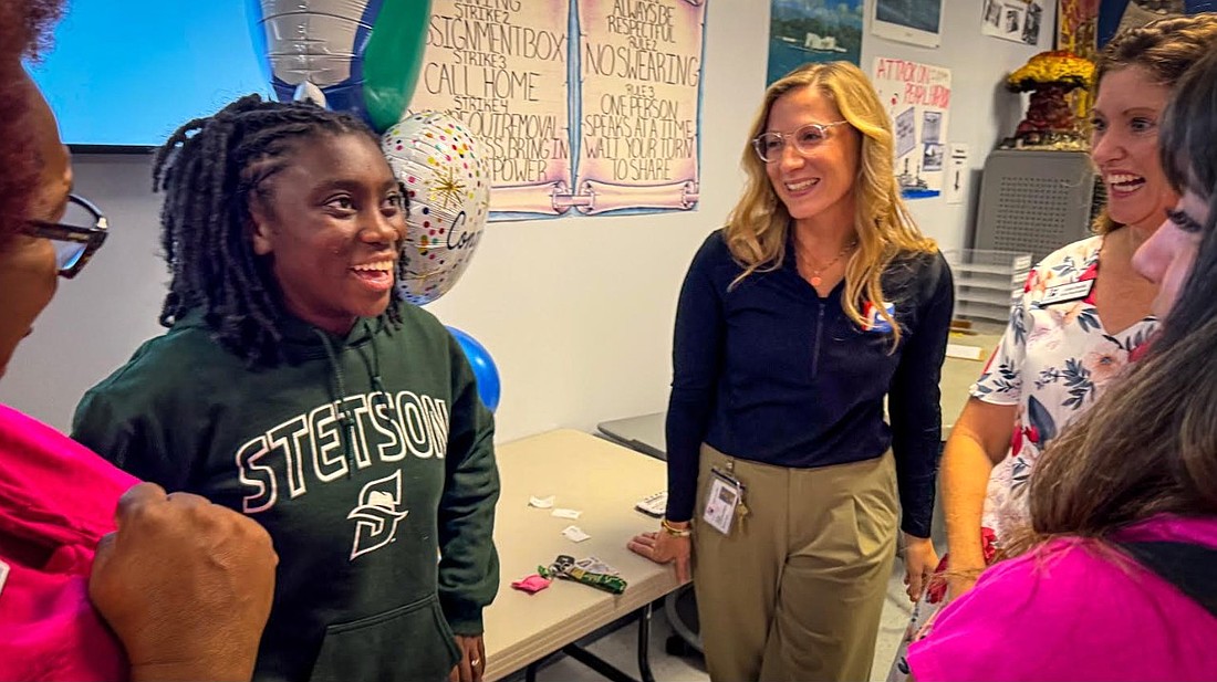 Matanzas High School senior Remmika Battles with Flagler County Education Foundation's Maryiotti Johnson and Selina Hernandez, Assistant Superintendent Angela O'Brien and School Board member Lauren Ramirez. Courtesy photo