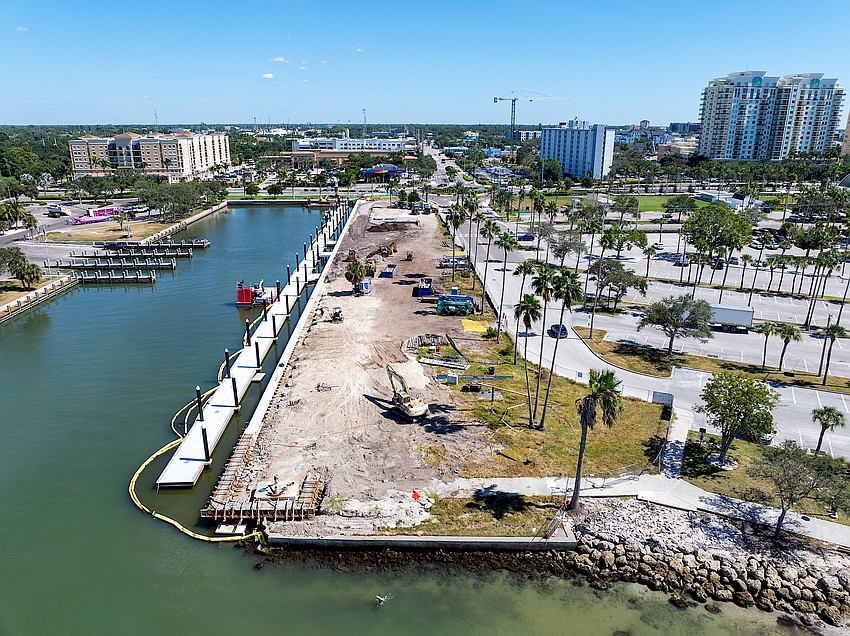 Work on the south seawall and day docks in the Canal District of The Bay park nears completion.