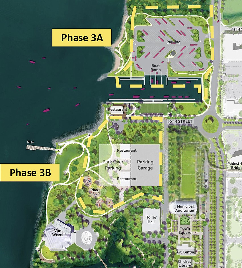 The master plan for Phase 3 of The Bay park shows an expansion of Centennial Park and converting the Van Wezel parking lot into green space and elevated parking.