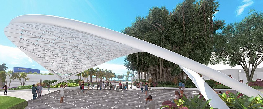 A rendering of the shade structure in the planned Town Square in the Cultural District of The Bay park, planned for construction in mid-2026.