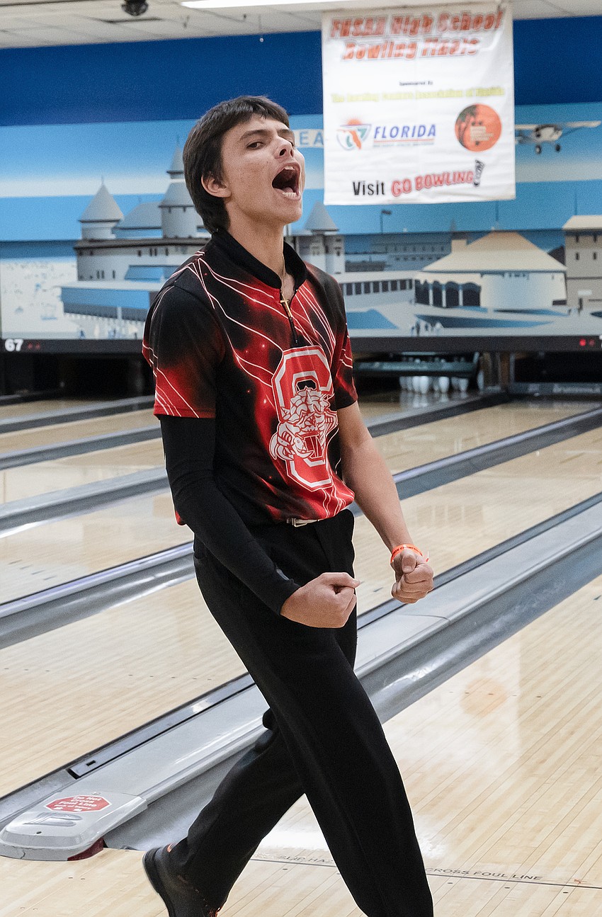 Seabreeze's Xavier Subia bowls a strike in his last frame of the tournament before Dalton Boice finishes and the Sandcrabs win the state bowling championship at the Boardwalk Bowl Entertainment Center in Orlando on Oct. 30. Photo by Michele Meyers Seabreeze's Xavier Subia bowls a strike in his last frame of the tournament before Dalton Boice finishes and the Sandcrabs win the state bowling championship at the Boardwalk Bowl Entertainment Center in Orlando on Oct. 30. Photo by Michele Meyers