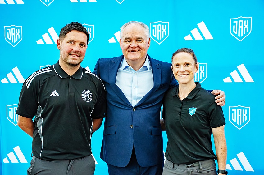 Sporting JAX Jacksonville soccer men's head coach Liam Fox, Sporting JAX President and CEO Steve Livingstone and Sporting Jax women's head coach Stacey Balaam. Fox was announced for the role Nov. 4.