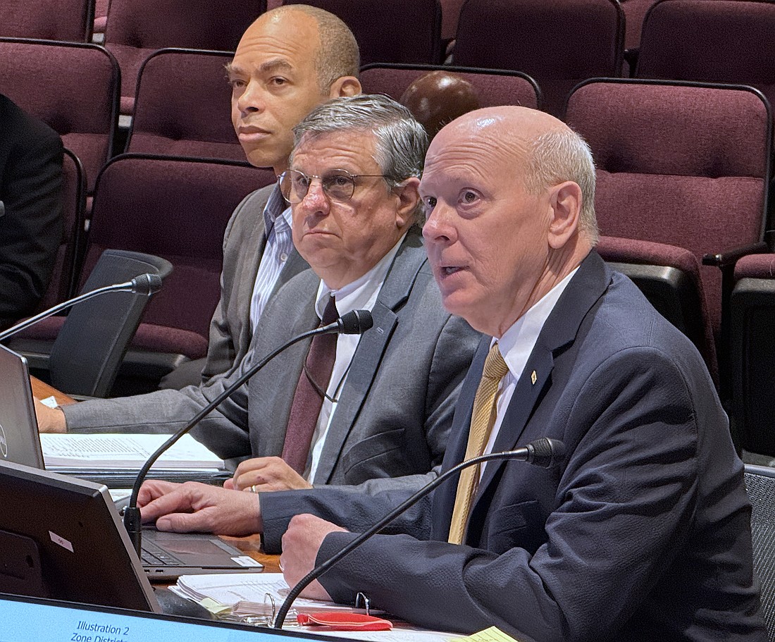 From left, Newtown Gateway partner Barron Channer, Sarasota Economic Developer Wayne Appleby and Sarasota Manager of Long Range Planning David Smith address the City Commission regarding the Marian Anderson site.