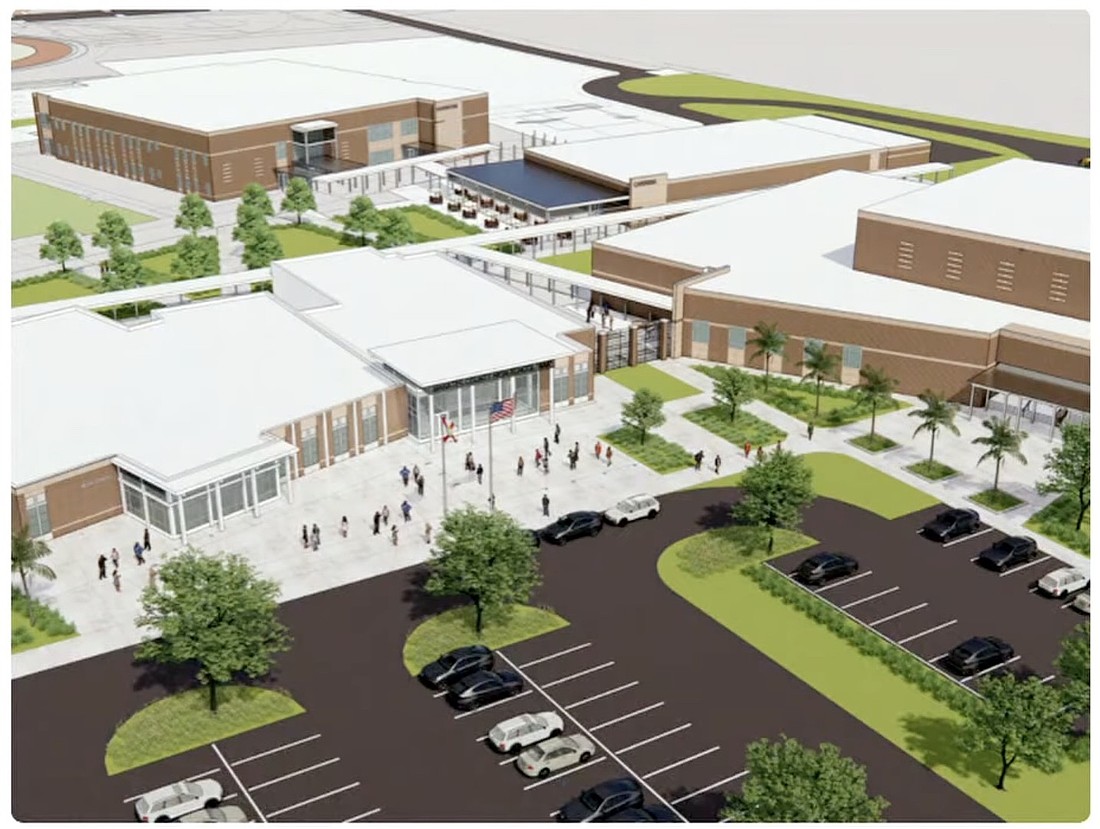 This rendering offers a glimpse of the multi-building concept for the new high school slated for the corner of Rangeland Parkway and Post Boulevard.