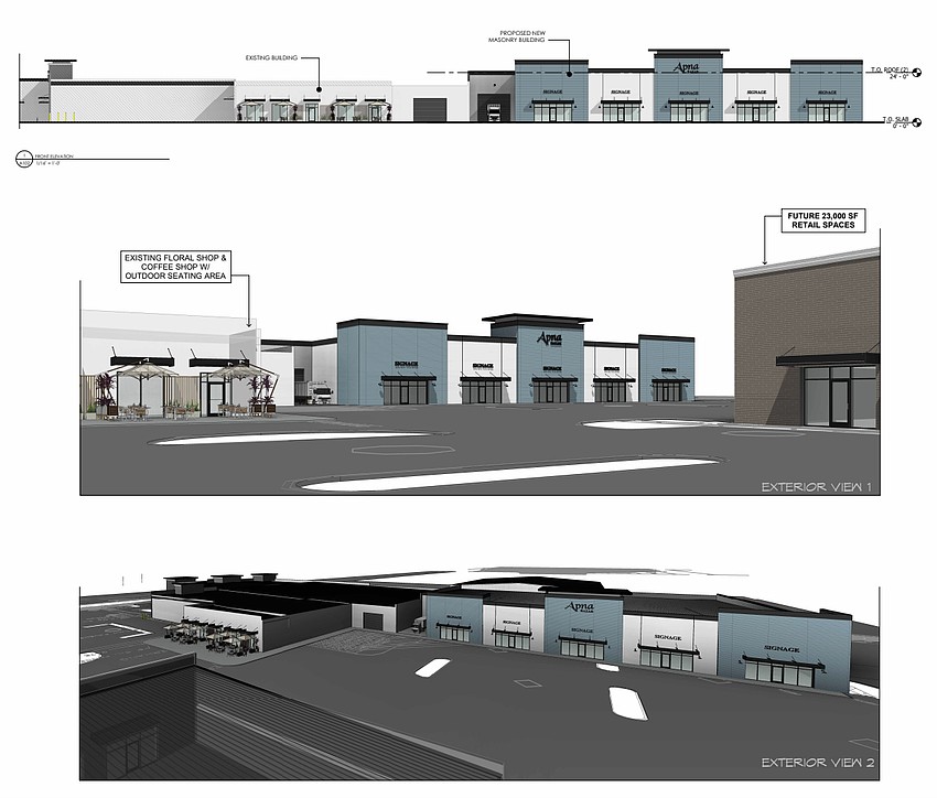 Renderings of the planned expansion of Apna Bazar, a Halal grocer at 11153 Beach Blvd.