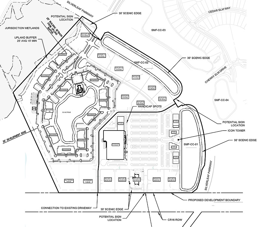 A grocery store-anchored shopping center is planned at northeast County Road 16A and SilverLeaf Parkway in St. Johns County. The site plan shows a potential 10-building multifamily development adjacent to the shopping center.