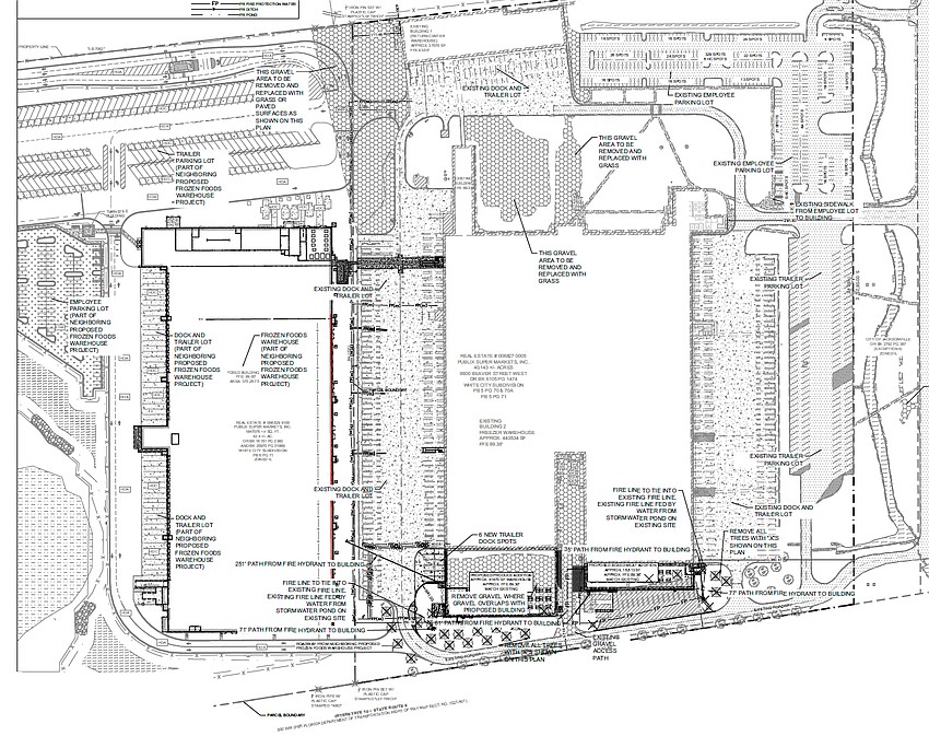 Plans show a new Publix freezer warehouse in West Jacksonville, left, with additions to the existing one at right. The Publix’s distribution center is at 9800 W. Beaver St., between West Beaver Street and Interstate 95.