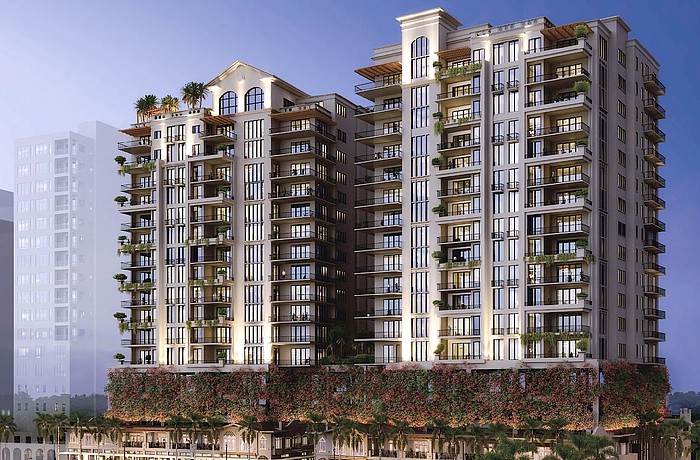 A rendering of the Mira Mar preservation and redevelopment project shows two new residential towers positioned behind the restored historic buildings.