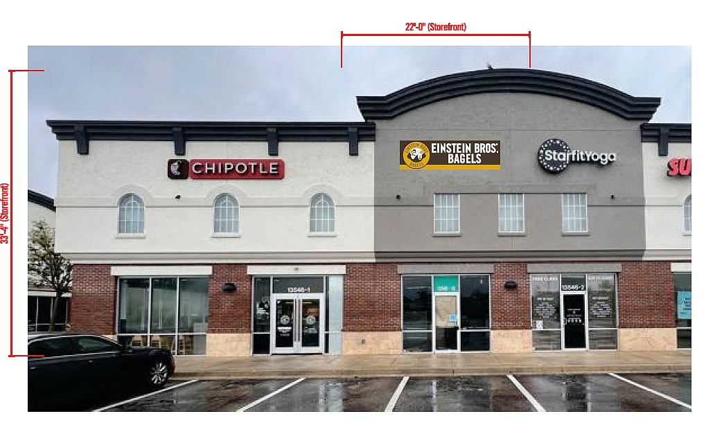 The sign permit shows Einstein Bros. Bagels at 13546 Beach Blvd. Unit 1A, between Starfit Yoga Studio and Chipotle Mexican Grill.