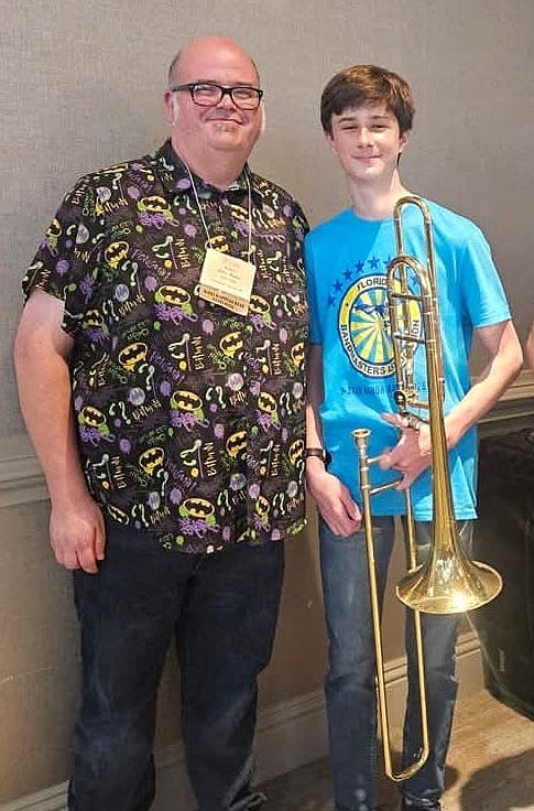 Ryan Schulz, Matanzas director of bands, and George Biedenbach, selected to the Florida All-State 9-10 Concert Orchestra. Courtesy photo