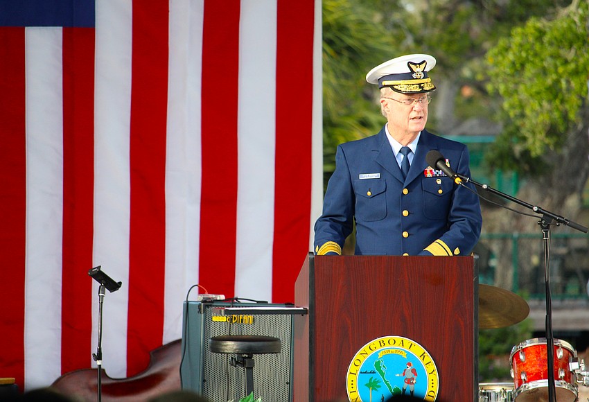 Steve Branham, retired U.S. Coast Guard rear admiral and current Town of Longboat Key commissioner, speaks at the combined Veterans Day and town anniversary celebration on Nov. 8 at the Town Center Green.