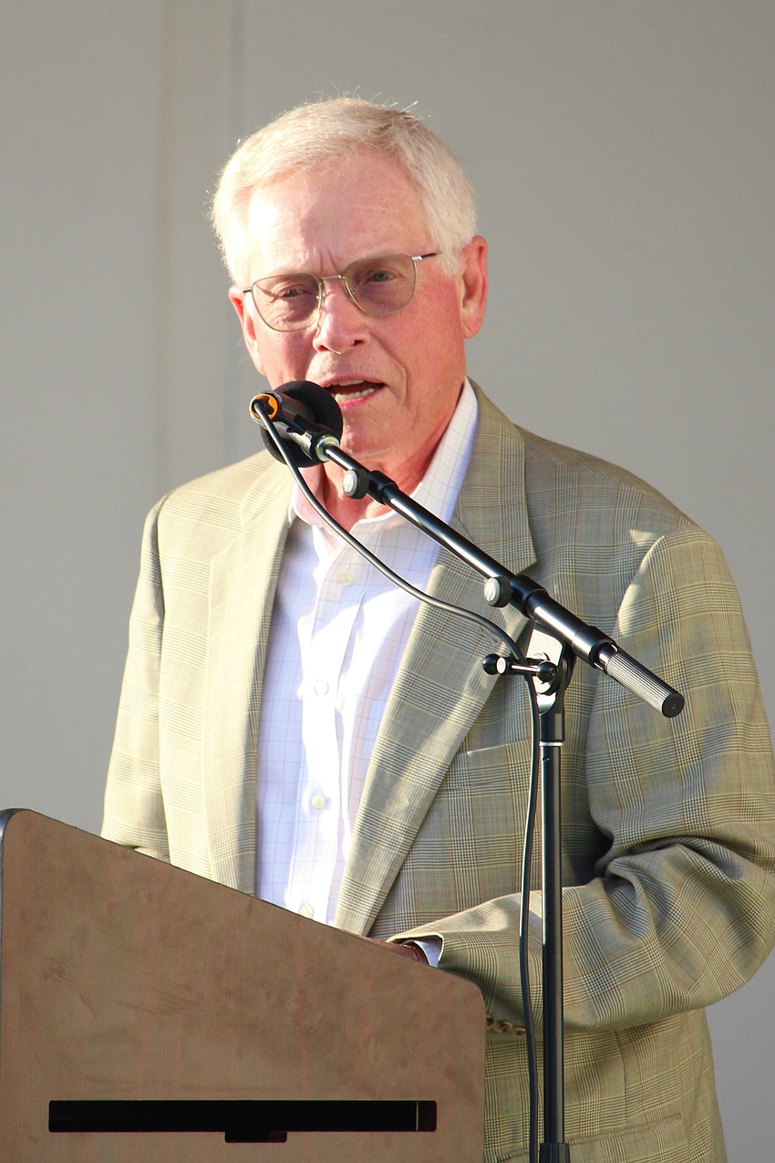 Mayor Ken Schneier shares a timeline of Longboat Key's history as the town celebrated its 70th anniversary and Veterans Day on Nov. 8 at the Town Center Green.