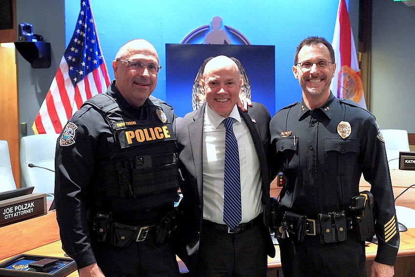 From left, Sarasota Police Chief Rex Troche, retired Capt. Demetri Konstantopoulos and Deputy Chief Scott Mayforth following Konstantopoulos' retirement ceremoony. From left, Sarasota Police Chief Rex Troche, retired Capt. Demetri Konstantopoulos and Deputy Chief Scott Mayforth following Konstantopoulos' retirement ceremoony.