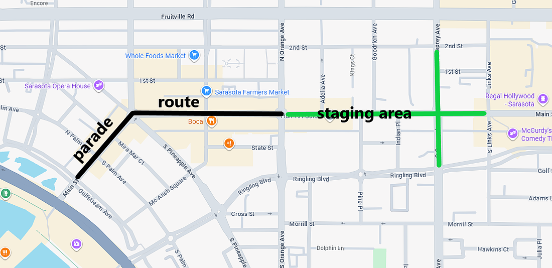 Main Street will be closed from 3 a.m. to 1 p.m. Tuesday, Nov. 11 for the annual Veterans Day Parade. Osprey Avenue from Ringling Boulevard to Second Street will also be closed.