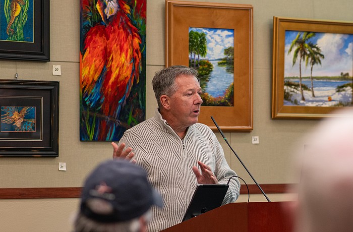 Unicorp National Development President Chuck Whittall made his case for allowing an arched sign to remain on a pier at St. Regis Longboat Key to Town Commissioners Monday, Nov. 10, 2025. “I think it’s not only good for St. Regis. I think it’s good for the entire town of Longboat Key,” he said.