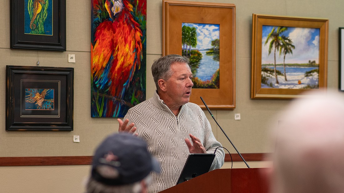 Unicorp National Development President Chuck Whittall made his case for allowing an arched sign to remain on a pier at St. Regis Longboat Key to Town Commissioners Monday, Nov. 10, 2025. “I think it’s not only good for St. Regis. I think it’s good for the entire town of Longboat Key,” he said.