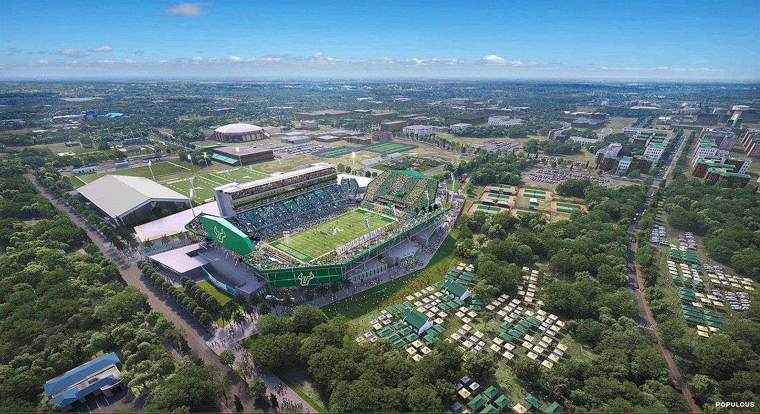 A rendering of the University of South Florida’s on-campus football stadium complex, which is expected to open in fall 2027.