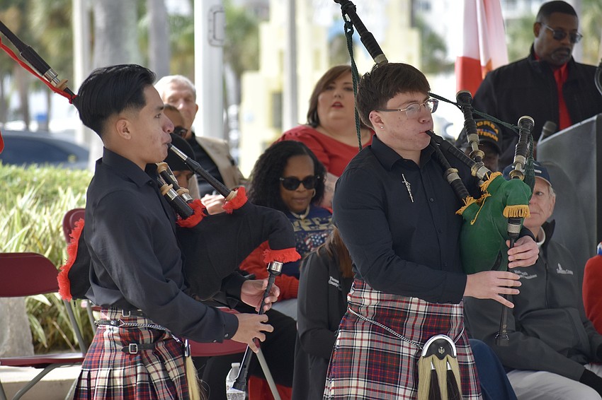 Danny Alendar and Gregory Pech, of the Riverview High School Kiltie Band, play 