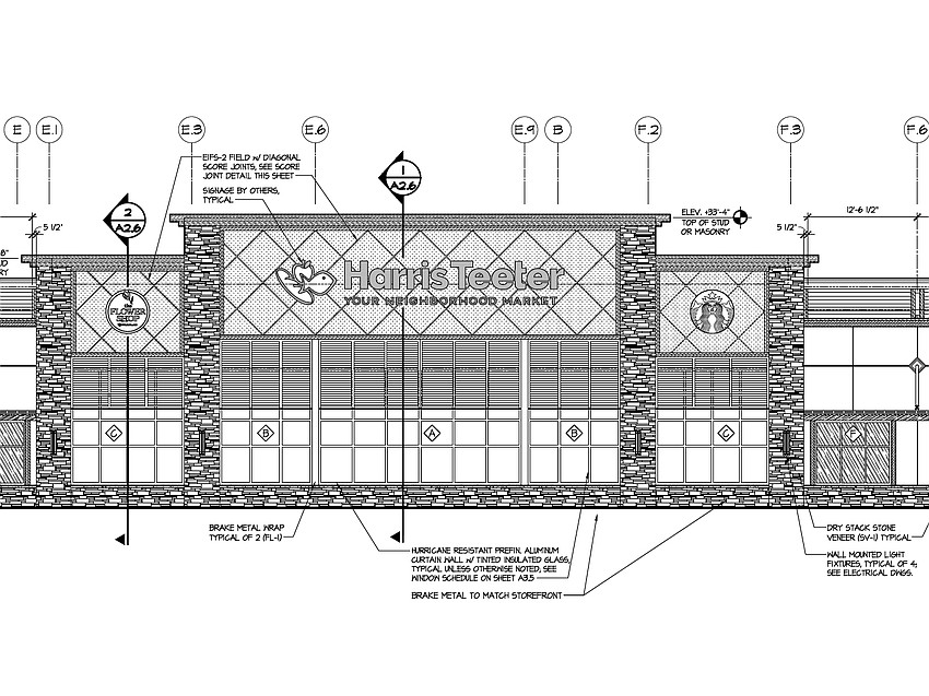 Plans for the Harris Teeter at 11901 Atlantic Blvd. at northwest Kernan and Atlantic boulevards in the Atlantic North shopping center show signs for The Flower Shop and Starbucks Coffee flanking the Harris Teeter sign.