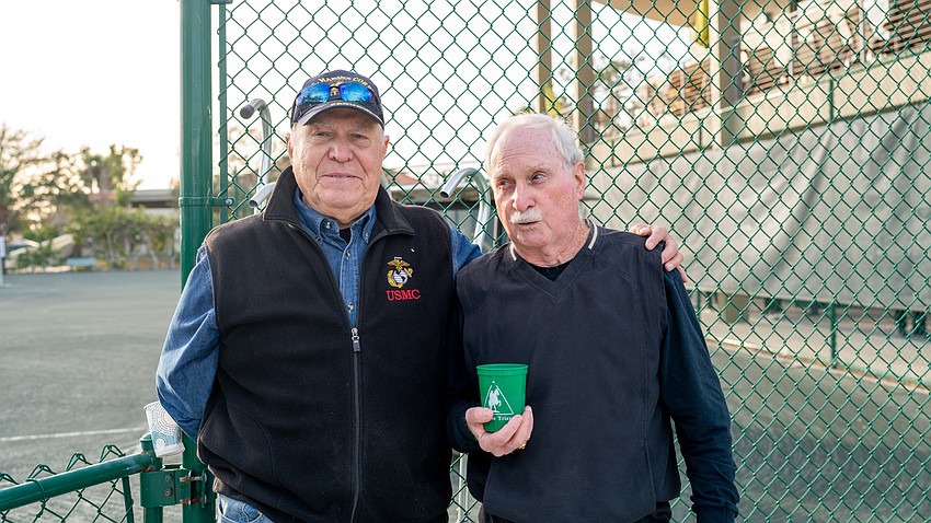 Marine Corps veteran John Beeman and Navy veteran Richard McGrath were at the Longboat Key Tennis Center welcome back event Tuesday, Nov. 11.