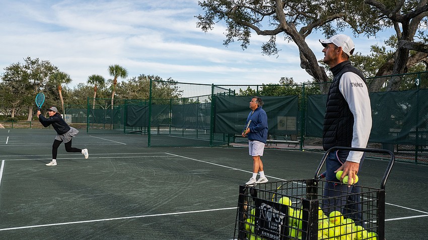 Mariano and Margaret Sanchez participate in a tennis clinic demonstration during a welcome back event at the Longboat Key Tennis Center Tuesday, Nov. 11.