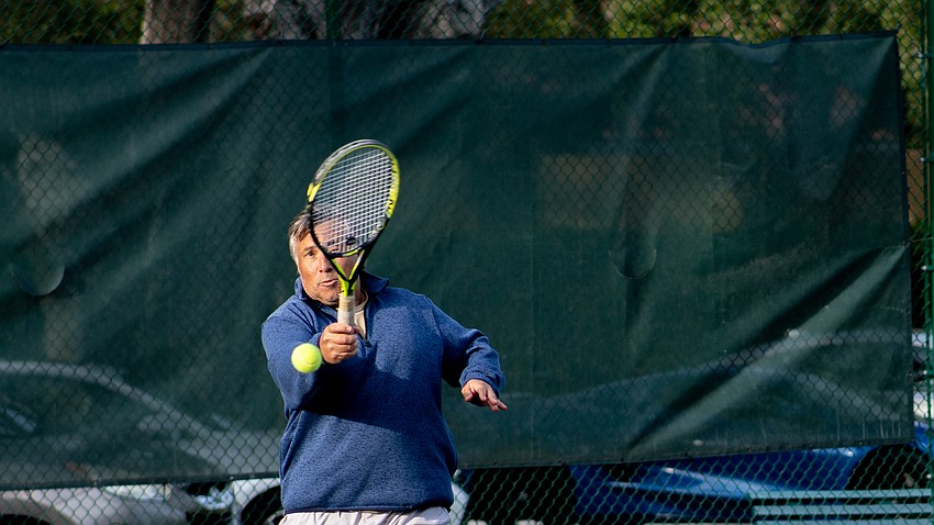 Mariano Sanchez hits a forehand during a tennis clinic demonstration at the Longboat Key Tennis Center Tuesday, Nov. 11.