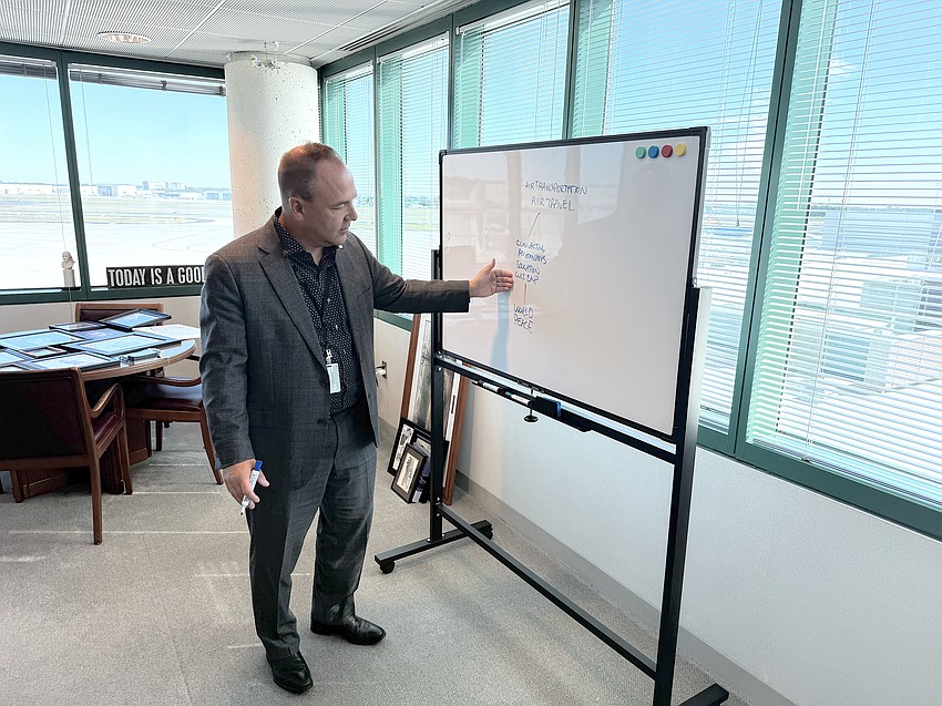 Sarasota-Bradenton International Airport president and CEO Paul Hoback describes his philosophy of airport management on a white board in his new office.