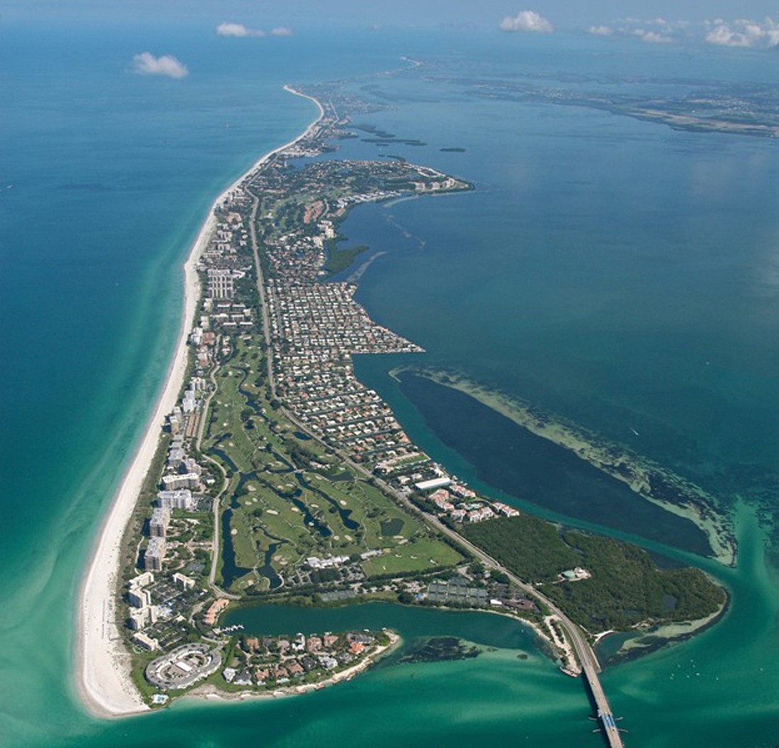 An aerial view of Longboat Key, looking north from the southern tip.