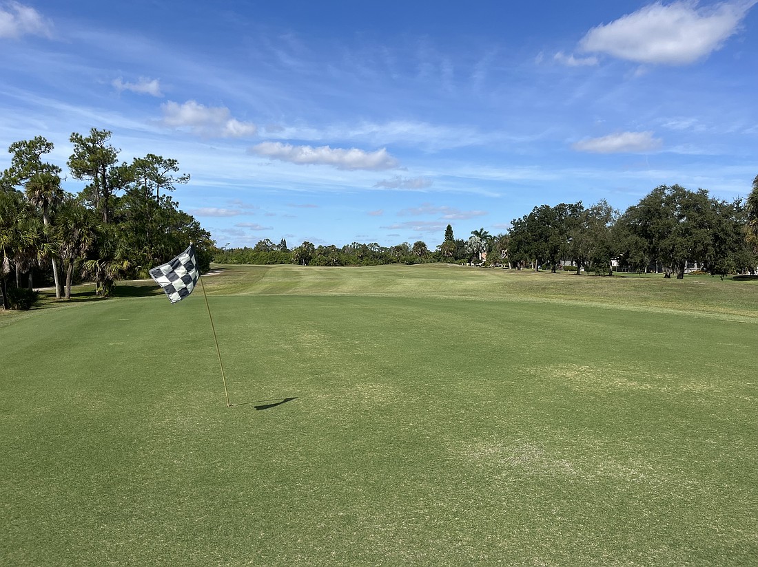 Hole 14 is one of two greens that was resodded last year. The rest of the course was sprigged to grow new grass.