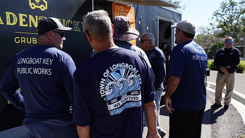 Town of Longboat Key Public Works employees wait in line for food at Rotary Club of Longboat Key’s Nov. 12 Food for Gratitude event where all town employees received free lunch to recognize their hard work after dual hurricanes in 2024.