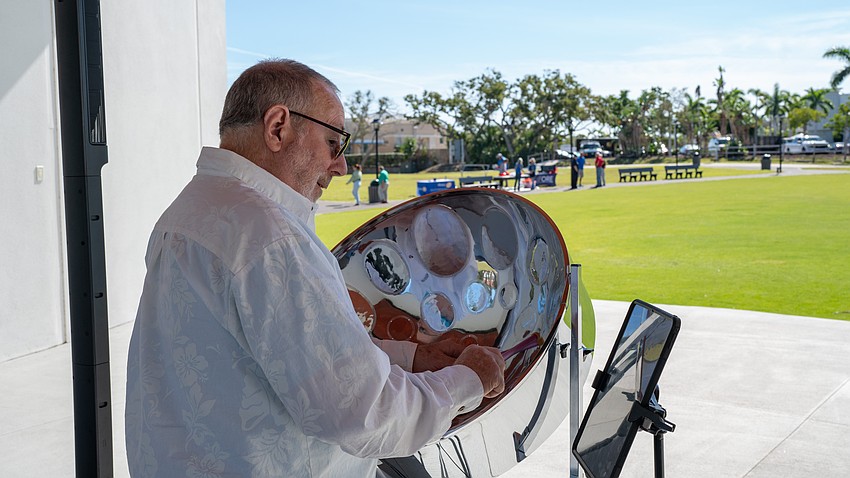 Tim Delaney plays steel drum at the Karon Family Pavilion on the Town Green at Rotary Club of Longboat Key’s Nov. 12 Food for Gratitude event where all town employees received free lunch to recognize their hard work after dual hurricanes in 2024.