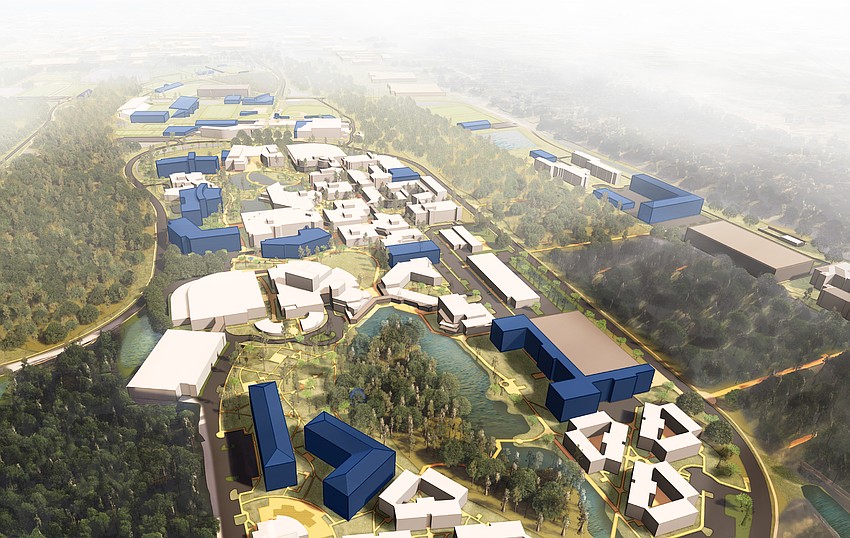 An aerial view of the proposed University of North Florida campus in Jacksonville with new facilities in blue, looking north.