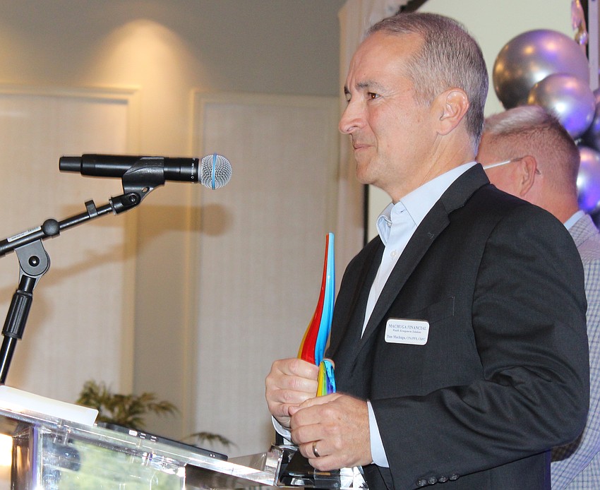 Thomas Machuga of Machuga Financial addresses the crowd after being selected as the 2025 Networking King.