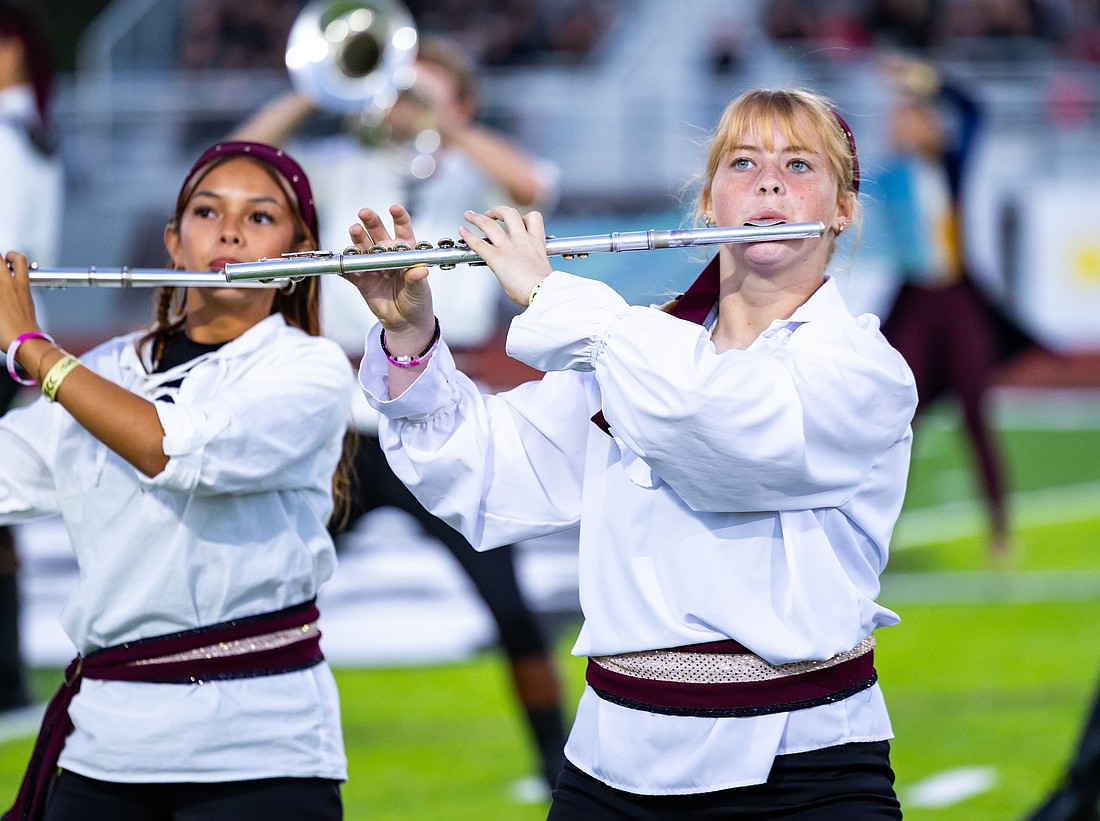 Ella Javier and Paityn Carr, sophomores who plays flute in the Braden River High School Marching Band, didn't let their nerves get the best of them at the FFCC Outdoor Championships, where they earned the title of Grand Champion.
