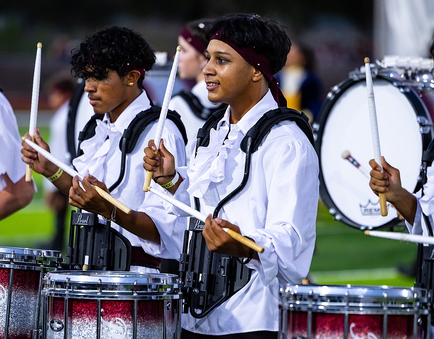 Percussionists Cein Mejia and Jared Rodriguez contributed to Braden River High School's Best in Class ranking in the 3A class for percussion.