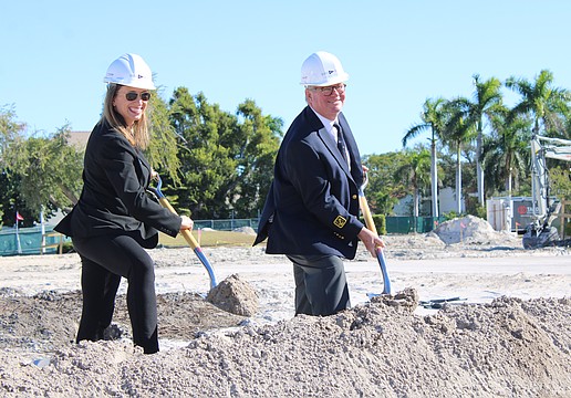 Bird Key Yacht Club General Manager Tammy Hackney and Commodore Tony Britt donned the hard hats for the official groundbreaking of the new clubhouse on Nov. 13 at the site of the former facility.