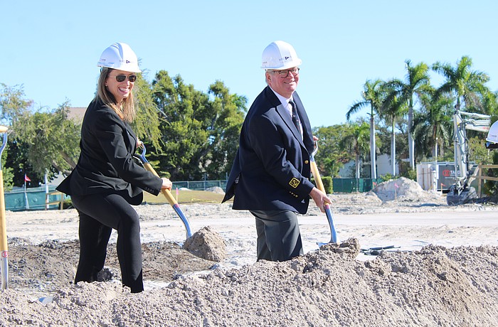 Bird Key Yacht Club General Manager Tammy Hackney and Commodore Tony Britt donned the hard hats for the official groundbreaking of the new clubhouse on Nov. 13 at the site of the former facility.