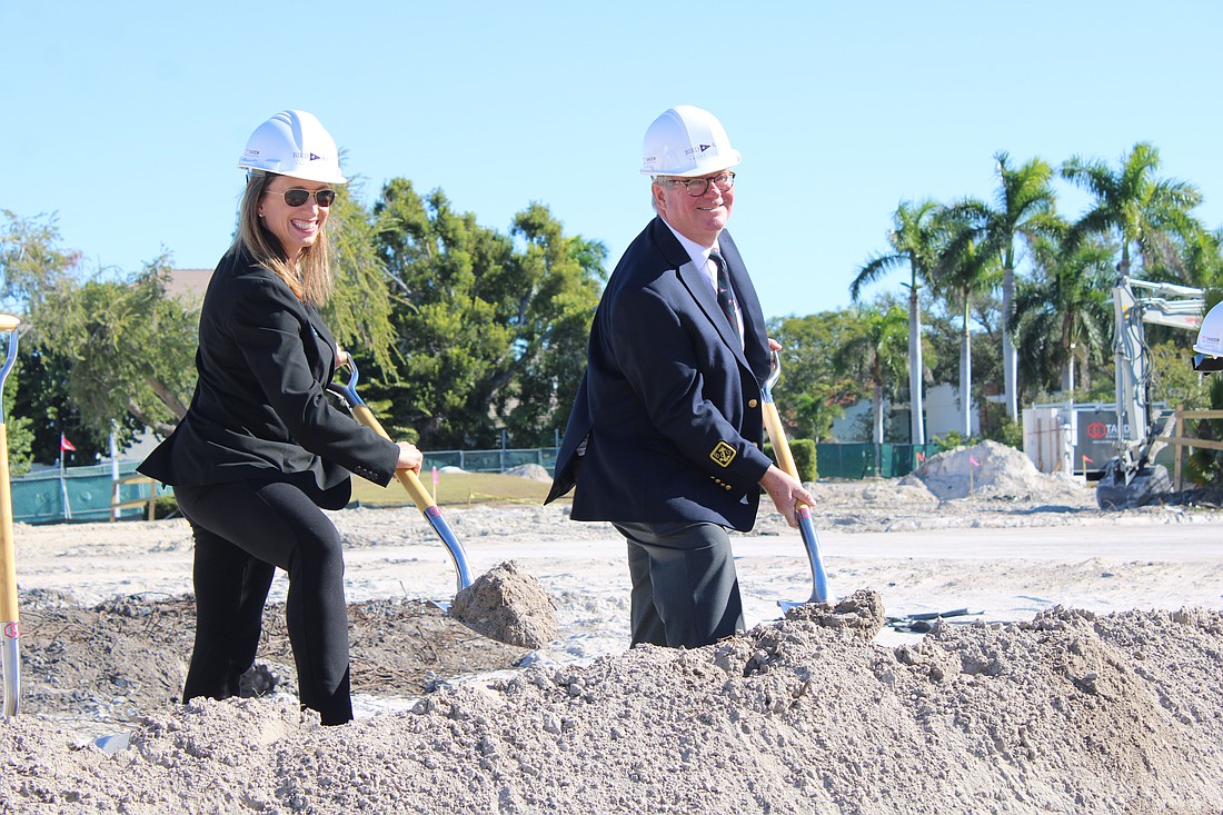 Bird Key Yacht Club General Manager Tammy Hackney and Commodore Tony Britt donned the hard hats for the official groundbreaking of the new clubhouse on Nov. 13 at the site of the former facility.