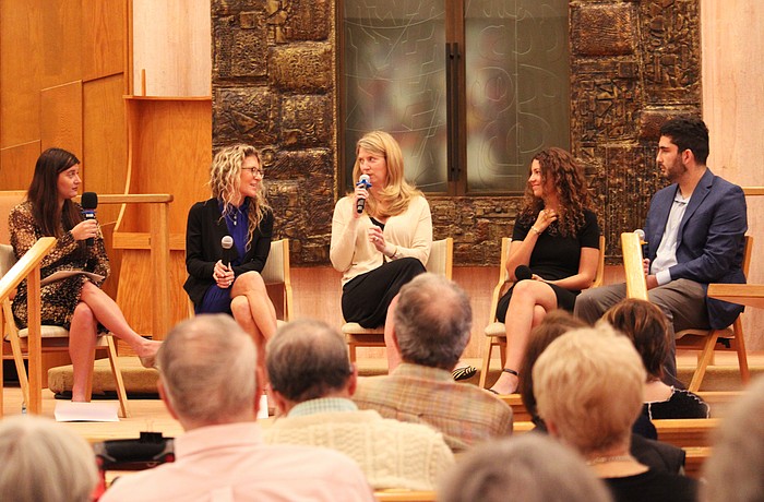 StandWithUs representatives Dana Kamilar, Julie Paris, Carly Gammill, Alitza Hochhauser and Max Bray spoke to Longboaters on Nov. 16 at Temple Beth Israel about finding ways to protect against antisemitism, especially in school settings.