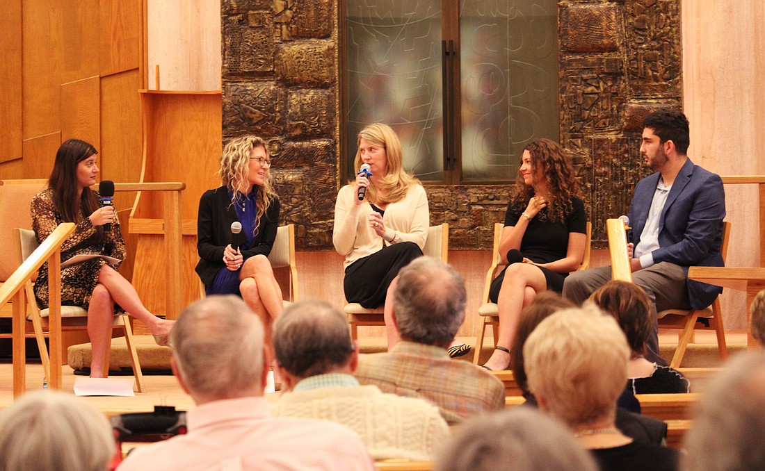 StandWithUs representatives Dana Kamilar, Julie Paris, Carly Gammill, Alitza Hochhauser and Max Bray spoke to Longboaters on Nov. 16 at Temple Beth Israel about finding ways to protect against antisemitism, especially in school settings.