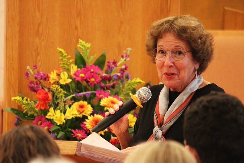 Arlene Levy, chair of the Israel Committee with Temple Beth Israel of Longboat Key, welcomes guest speakers from the national advocacy group StandWithUs on Nov. 16.