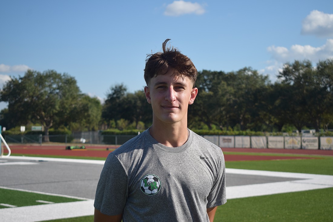 Broden Beorlegui poses for a photo before a Nov. 17 practice at Lakewood Ranch High School. He led the Mustangs in goals and assists during the 2024-25 season en route to an FHSAA Class 6A regional finals berth.