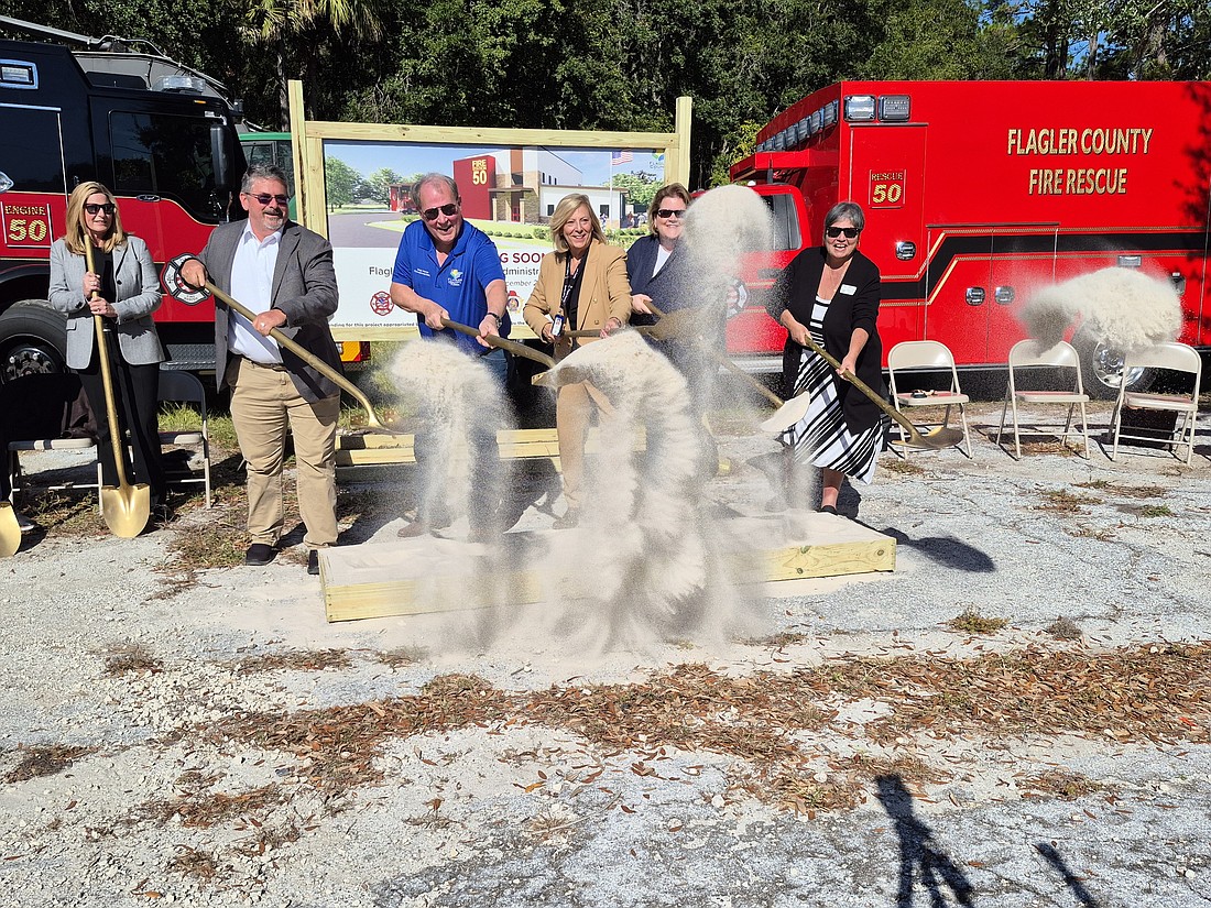 The Flagler County Board of County Commissioners break ground on the new Flagler County Fire Administration Station No. 50. From left to right: Chair Andy Dance and Commissioners Greg Hansen, Kim Carney, Leann Pennington and Pam Richardson. Courtesy photo